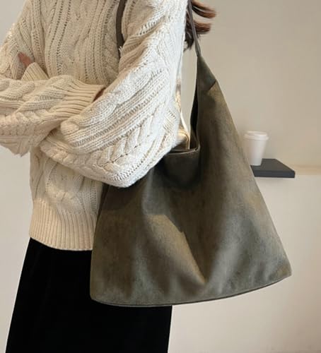 Womens Fashion Suede Shoulder Bags Large Tote Bag Retro Purse Handbag Casual Work Ladies Top Handle Satchel - color: A-green