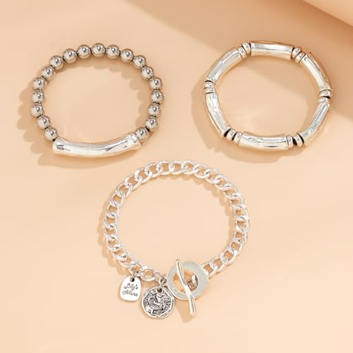 Jumwrit 3pcs Boho Layered Beaded Bracelets Set for Women Dainty Stretch Elastic Round Ball Beads Tube Chunky Chain Bracelets Stackable Silver Toggle Cuban Link Bracelets Trendy Jewelry