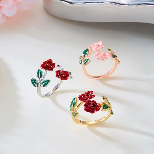Dtja Vintage Rose Flower Bangle Cuff Bracelet Red Floral Statement Expandable Adjustable Ring for Women Antique Tribal Theme Green Leaf Jewelry for Valentine Christmas Holiday 2 Piece Set - color: Rose Gold-Toned