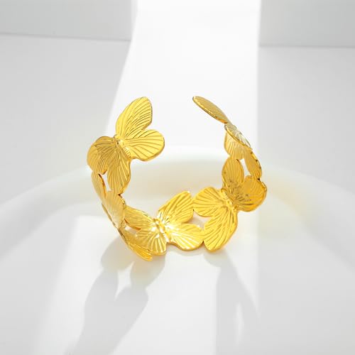 WOWORAMA Chunky Gold Cuff Bracelets for Women Vintage Gold Flower Butterfly Bracelet Trendy Boho Wide Open Cuff Bangles Matte Statement Bracelet - color: Gold-tone Butterfly