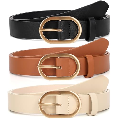 XZQTIVE 3 Pack Plus Size Women's Leather Belts for Jeans Pants Dress Fashion Gold Buckle Ladies Waist Belt - color: A-black+brown+beige(gold Buckle), size: Large: fits waist from 37"-42"