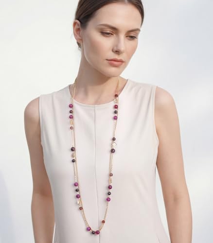 FULU AUTUMN Boho Gold Long Necklaces for Women Natural Stone Beaded Layered Long Necklace Mothers Day Gifts Dainty Flower Costume Jewelry for Women - color: Purple