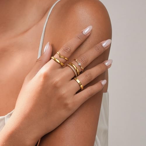 14K Gold Plated Stackable Rings for Women, Non Tarnish Cubic Zirconia Dainty Band Set, Wedding Engagement & Promise Rings, Sizes 5-10