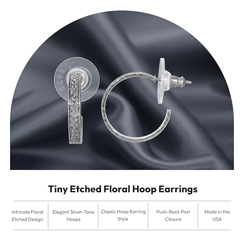 1928 Jewelry Tiny Etched Floral Hoop Earrings - color: Silver