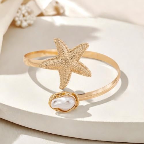Vivian&CD 14K Gold Plated Starfish Arm Cuff for Women, Adjustable Upper Arm Bracelet Boho Beachy Statement Jewelry Summer Ocean-Themed Armband for Parties & Vacations - style: Peal