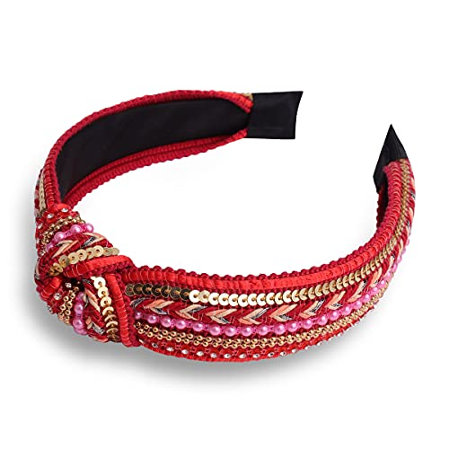 TOBATOBA Knotted Headbands for Women Sequins Pearl Headband Top Knot Head band Turban Boho Head bands for Women Beaded Wide Hairband Fashion Elegant Ladies Hair Band 3 Pack (Black, White, Red) - color: Color 3