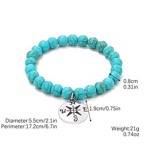Turquoise Bracelet for Women, 8mm Beaded Stretchable Unisex Bracelet, Boho Turquoise Bead Bracelet Stone Beaded Bracelets Turquoise Jewelry for Women - color: Compass