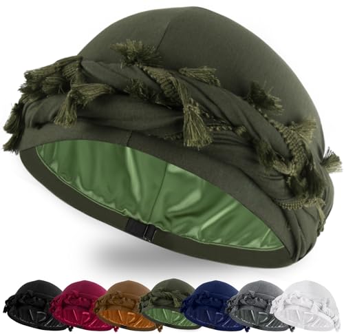 Ababalaya Adjustable Satin Lined Halo Turban Durag for Men &Women Twisted Tassel Head Wraps - color: Green