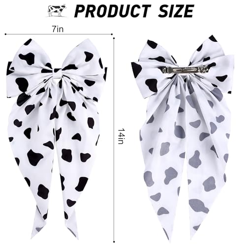 2 PCS 7In Cow Hair Bows Clips for Women Girls, Big Cow Print Long Tail White Black Hair Bow Large Hair Ribbon Barrettes Metal Clips Bowknot Aesthetic Hair Accessories Gifts (Black White)