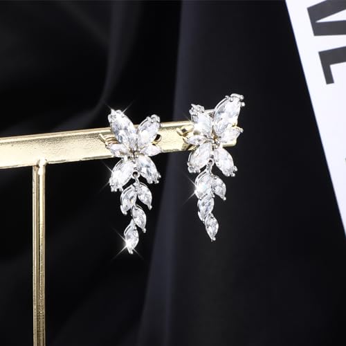 Awinesn Clip on Earrings for Women 925 Sterling Silver Plated Cubic Zirconia Long Tassel Dangle Drop Earrings Non Pierced Earrings for Women Jewelry Gifts Wedding Party - color: leaves 1