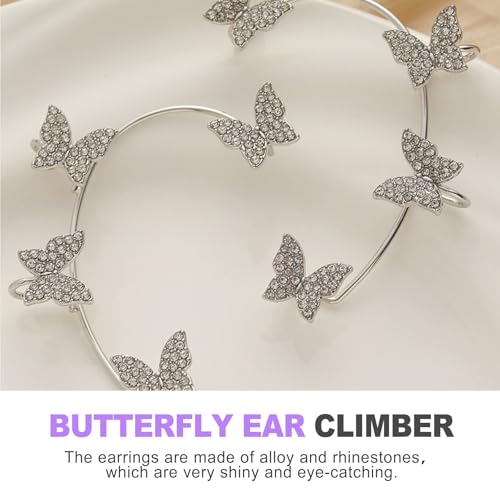 Rhinestone Butterfly Ear Cuffs for Women (1 Pair) Non-Pierced Elf Ear Wrap Clip-On Crawler Earrings for Weddings Special Occasions