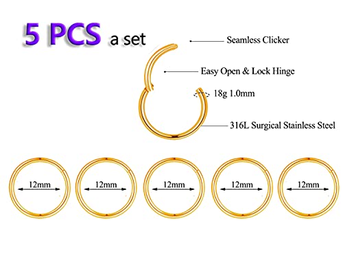 5Pcs 16G 18G Surgical Steel Nose Rings Hoop Tragus Septum Cartilage Hoop Earrings For Women Men Body Piercing Jewelry Kit Bar Length 6mm/8mm/10mm/12mm/14mm - style: 5Pcs -18G - Gold - 12mm