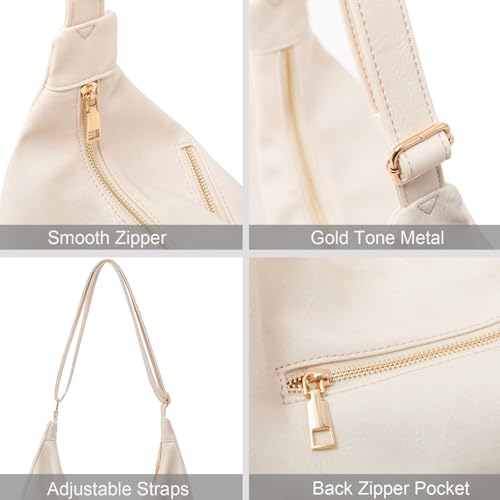 Hobo Bags for Women Foldable Vegan Leather Shoulder Handbag Slouchy Tote Crossbody Purses - color: Beige