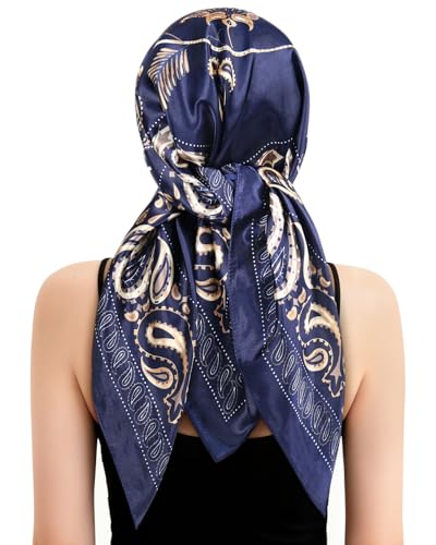 Satin Scarf Hair Net Bonnet - 2 in 1 Wrap Cap for Silk Press & Sleeping, Soft Headband Hair Net and Silk Scarf for Women - color: Navy Flower