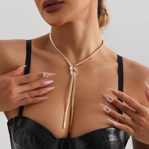 PLOUTOS Chunky Gold Knot Choker Necklace for Women Adjustable Double Snake Chain Design Bold Statement Fashion Jewelry Accessory For Party Daily Wear Gift - color: Gold A