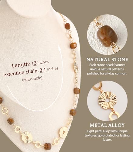 Long Gold Necklaces for Women Dainty Natural Stone Beaded Gold Necklace Mothers Day Gifts Boho Gold Costume Jewelry for Women - color: Brown