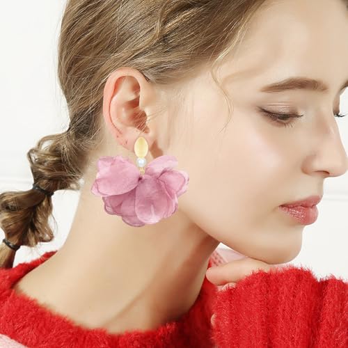 Handmade Fabric Flower Petal Fringe Dangle Drop Earrings Bohemian Floral Tassel Stud Earrings For Women - color: Pink