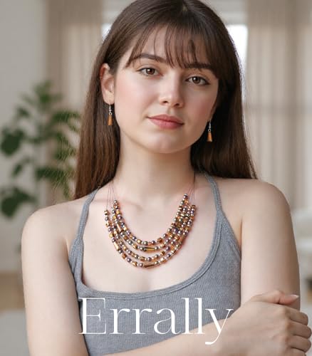 Errally Layered Beaded Statement Necklace Multi Strand Crystal Beads Collar Necklace and Earring Sets for Women Fashion Costume Jewelry Set Gifts for Her - color: Bronze