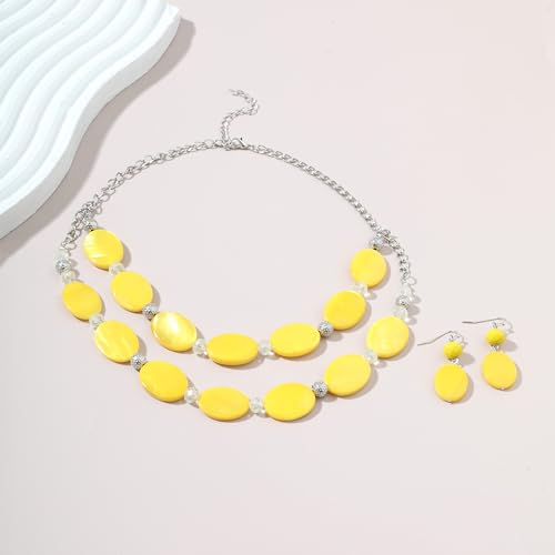 2 Layered Chunky Beaded Shell Necklace for Women Sea Shell blue/yellow/red/green/turquoise/teal/white Statement Necklace and Earring Set Elegant Women Necklace Set Jewelry Sets for Women - color: Yellow