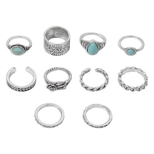 Bohemian Turquoise Ring Set for Women,Vintage Gem Turquoise Opal Joint Knuckle Stackable Rings Chunky Boho Midi Ring Pack Punk Western Ring Mixed Size - style: Style B