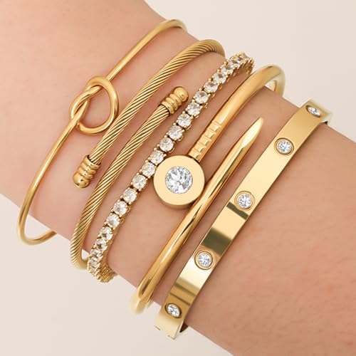 18 K Gold Plated Love Bangle Bracelet Stack Cuff Jewelry for Women Jewelry Set for Women Gift with Box - style: style2