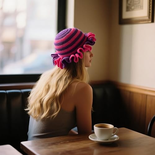 Handmade Crochet Bucket Hat for Women Boho Chic Slouchy Design Colorblock Ruffled Brim Festival&Daily Crochet Hat - color: Purple Rose Red Stripe