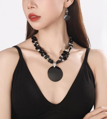 Layered Beads Statement Fashion Necklace Chunky Jewelry Set Big Colorful Glass Stone Circle Shell Pendant Choker Necklace and Earring Set for Women - color: black