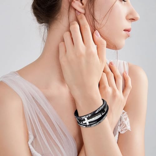 Leather Wrap Bracelets Cross Bracelets Trendy Layered Bracelet for Women Stackable Bracelet Jewelry Birthday Christmas - color: black