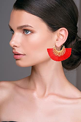 Tassel Hoop Earring Statement Thread Dangle Earrings Stylish Long Fringe Drop Earrings Lightweight Long Swingy French Hook Earrings for Women - color: B Red