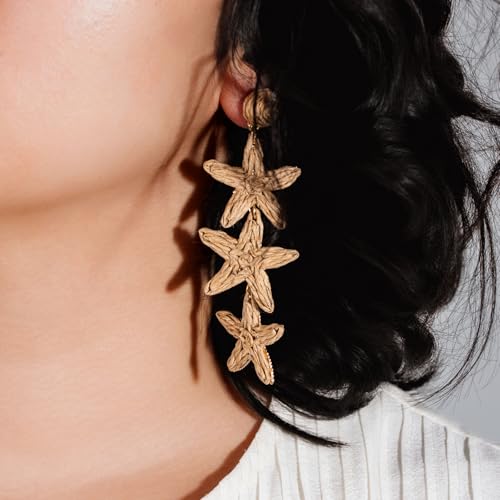 Boho Raffia Earrings Starfish Shell Seashell Dangle Drop Earrings Cute Statemnet Trendy Jewelry Summer Beach Outfits for Women - color: Sand, size: Seastar