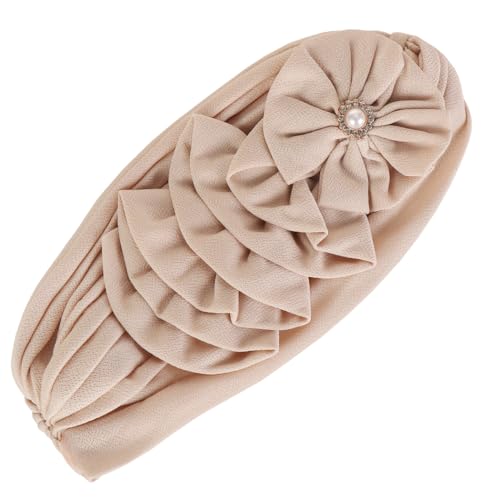 Flower Turban Hats for Women - Ruffle Bead Stretch Solid Caps Chemo Cancer Pre Tied Headscarf Headwear - color: Beige