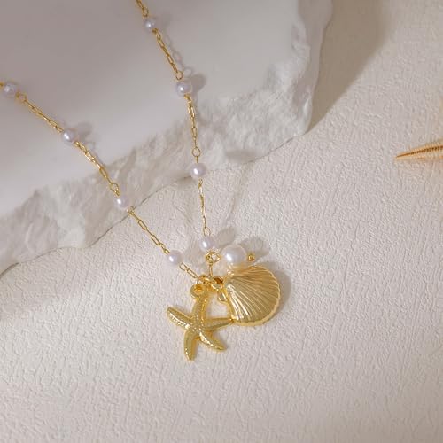 Ewrkbr Gold Necklace for Women,14K Gold Plated Shell Starfish Beach Necklaces Cute Boho Pendant Necklace Fashion Summer Waterproof Pearl Jewelry for Women - color: NK-shell star