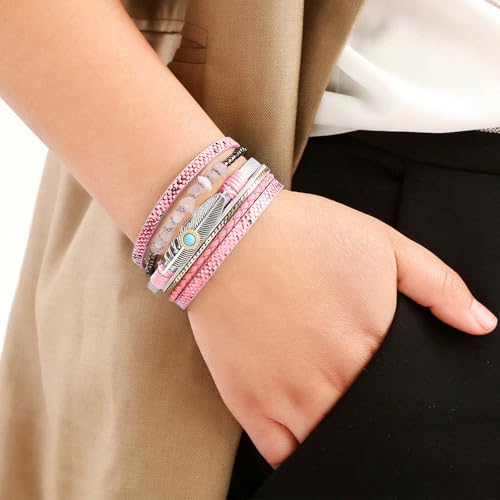 Long tiantian Boho Leather Wrap Bracelets Western Bracelets for Women Stackable Starfish Crystal Pearl Turquoise Leather Bracelet With Clasp Jewelry Gifts Boho Dresses - color: A7:Pink Bracelet