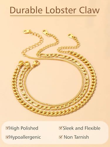 FindChic Black/Silver/Gold Plated Anklets Set of 2PCS/3PCS Herringbone Chain Cuban Link Heart Charm Sparkling Tennis Ankle Bracelets, Waterproof Summer Foot Jewelry for Beach - color: 02: Gold-3PCS Layered Cuban & Figaro