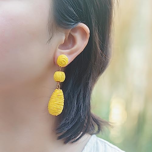 Boho Raffia Earrings Statement Dangle Earrings Cute Teardrop Ball Earrings Colorful Summer Jewelry Handmade Rattan Earrings for Women - color: Yellow