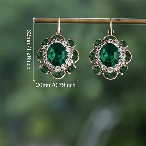 Handmade Bohemian Vintage Gold Sparkly Crystal Round Flower Leverback Earrings Cute Rhinestone Geometry Dangle Drop Earring for Women - color: Emerald