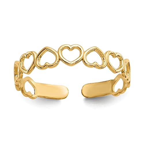 JewelryWeb - Solid 10k Yellow or White Gold Alternating Open Hearts Adjustable Toe Ring - Toe Ring for Woman - Non Tarnish Toe Ring - Solid Gold Boho Toe Ring - color: Yellow