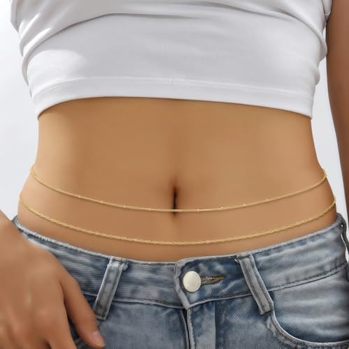 14K Gold Plated Waist Chain for Women, 2Pcs Adjustable Pearl Beads Body Chain, Sexy Layered Summer Beach Bikini Belly Jewelry Accessories - style: Rope&Bead