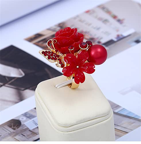 CZ Rose Flower Wedding Ring for Women Statement Engagement Round Rhinstone Crystal Aryclic Daisy Plumeria Adjustable Open Wrap Finger Rings Comfort Fit Cocktail Party Valentine Jewelry - color: Red
