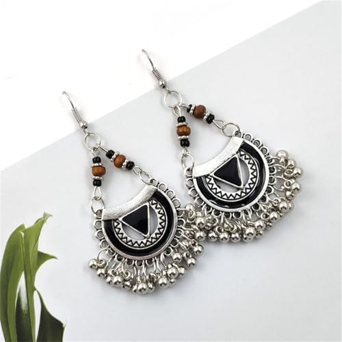 Vintage Boho Statement Drop Dangle Earrings for Women Bohemian Ethnic Handmade Beaded Charms Earring Bohemian Retro Chandelier Tassel Earrings Mexico Gypsy Jewelry Gift - color: Silver Black Triangle