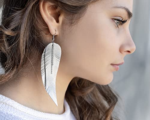 Black shiny Leather Feather Earrings for Women, Lightweight Minimal Boho Dangle Earrings, Small Simple Everyday Jewelry - color: light grey metallic