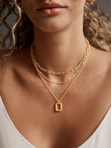 BERISO 14K Gold Plated Layered Necklace for Women, 3 Layer Dainty Gold Necklace with Minimalist Pendant, Elegant Everyday Gold Jewelry Gift - style: layered necklace-A