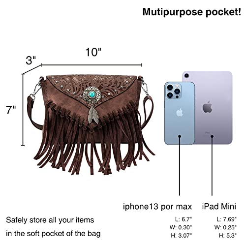 LAVAWA Small Crossbody Bags for Women Crossbody Handbag Fringe Purse Tassel Shoulder Bag Turquoise Concho Wallet - color: Brown