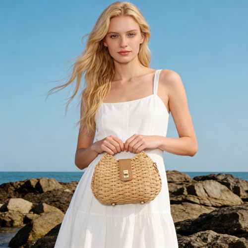 Fecialy Straw Crossbody Bag for Women Handwoven Summer Beach Clutch Purses Boho Top Handle Shoulder Bags - color: Khaki