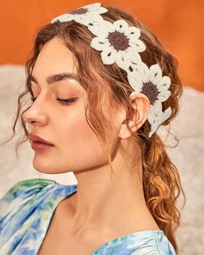 HAIMEIKANG Hippie Hair Bandanas Headbands for Women Boho Headband Knit Hair Bands Floral Head Wrap for Girls(Beige + Pink + Yellow) - color: Beige + Pink + Yellow