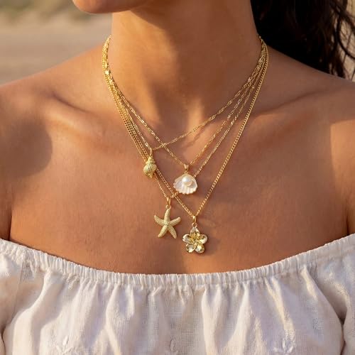 Shell Starfish Necklace for Women, Gold Plated Boho Layered Pendant Necklace with Pearl Conch Charm, Dainty Coastal Summer Beach Vacation Jewelry Gifts - style: Flower 4pcs