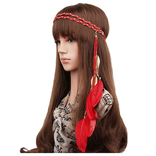 WLBON Halloween Boho Feather Headband Hippie Indian Leaf Hair Hoops Bands Tassel Bohemian Headpiece Hairband Women Xmas Wedding Festival Masquerade Cosplay Dress Up Birthday Party Accessories Red - color: Red Tone