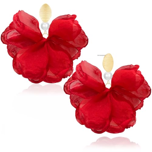 Handmade Fabric Flower Petal Fringe Dangle Drop Earrings Bohemian Floral Tassel Stud Earrings For Women - color: Red