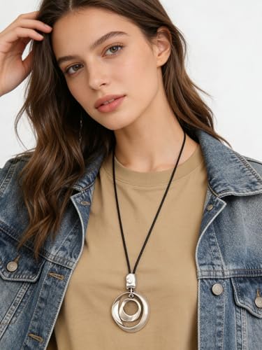 GelConnie Leather Necklace for Women Round Wooden Pendant Long Leather Choker Vintage Sweater Necklace Gold Chunky Boho Necklaces for Women - style: Boho Silver Necklace