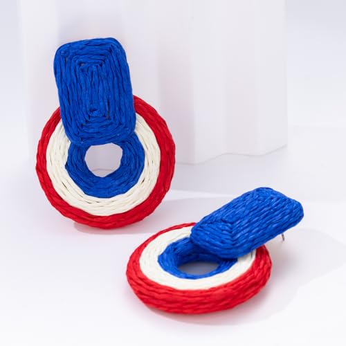 Statement Raffia Earrings Cute Boho Earrings Rattan Dangle Earrings Handmade Straw Wrap Earrings Summer Drop Dangling Earrings for Women Teen Girls - color: White/Red/Blue